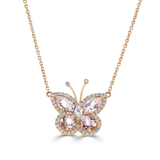 18ct Rose Gold Morganite and Diamond Butterfly Pendant