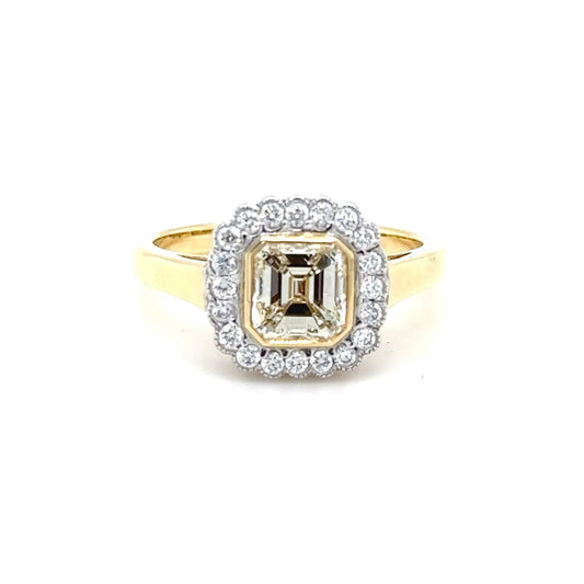 18ct Yellow Gold Asscher Cut Yellow Diamond with White Diamond Halo Ring