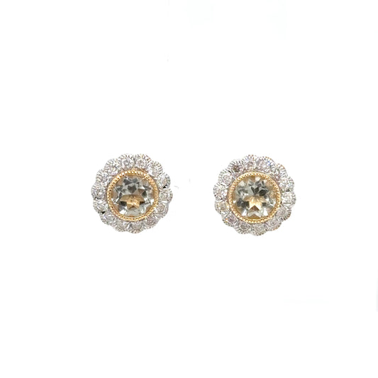 9ct Yellow Gold Vintage Style Green Amethyst and Diamond Stud Earrings