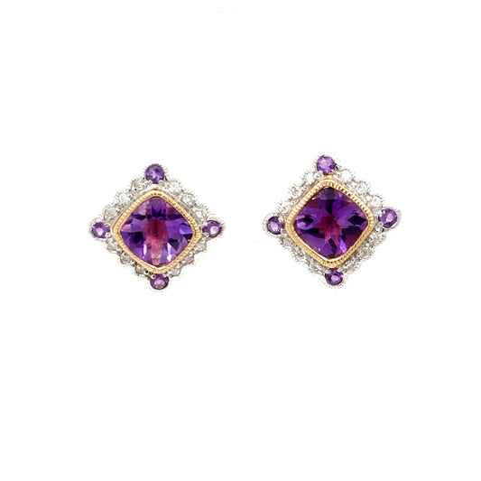 9ct Yellow Gold Vintage Style Amethyst and Diamond Stud Earrings