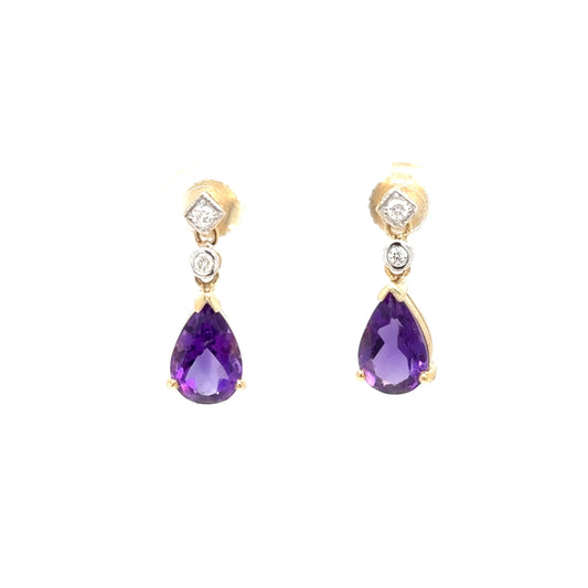 9ct Yellow Gold Vintage Style Amethyst and Diamond Drop Earrings