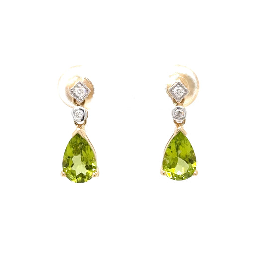 9ct Yellow Gold Vintage Style Peridot and Diamond Drop Earrings