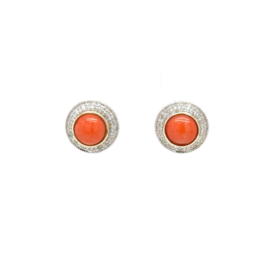 9ct Yellow Gold Vintage Style Coral and Diamond Stud Earrings