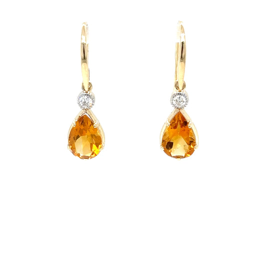 9ct Yellow Gold Vintage Style Citrine and Diamond Drop Earrings