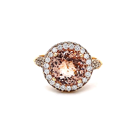 18ct Yellow Gold Morganite, Champagne Diamond with Diamond Halo Ring