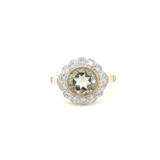 9ct Yellow Gold Vintage Style Green Amethyst and Diamond Halo Ring