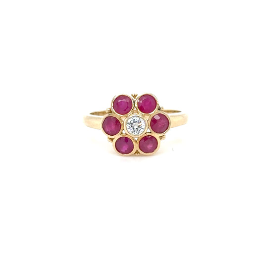 9ct Yellow Gold Vintage Style Flower Diamond and Ruby Ring