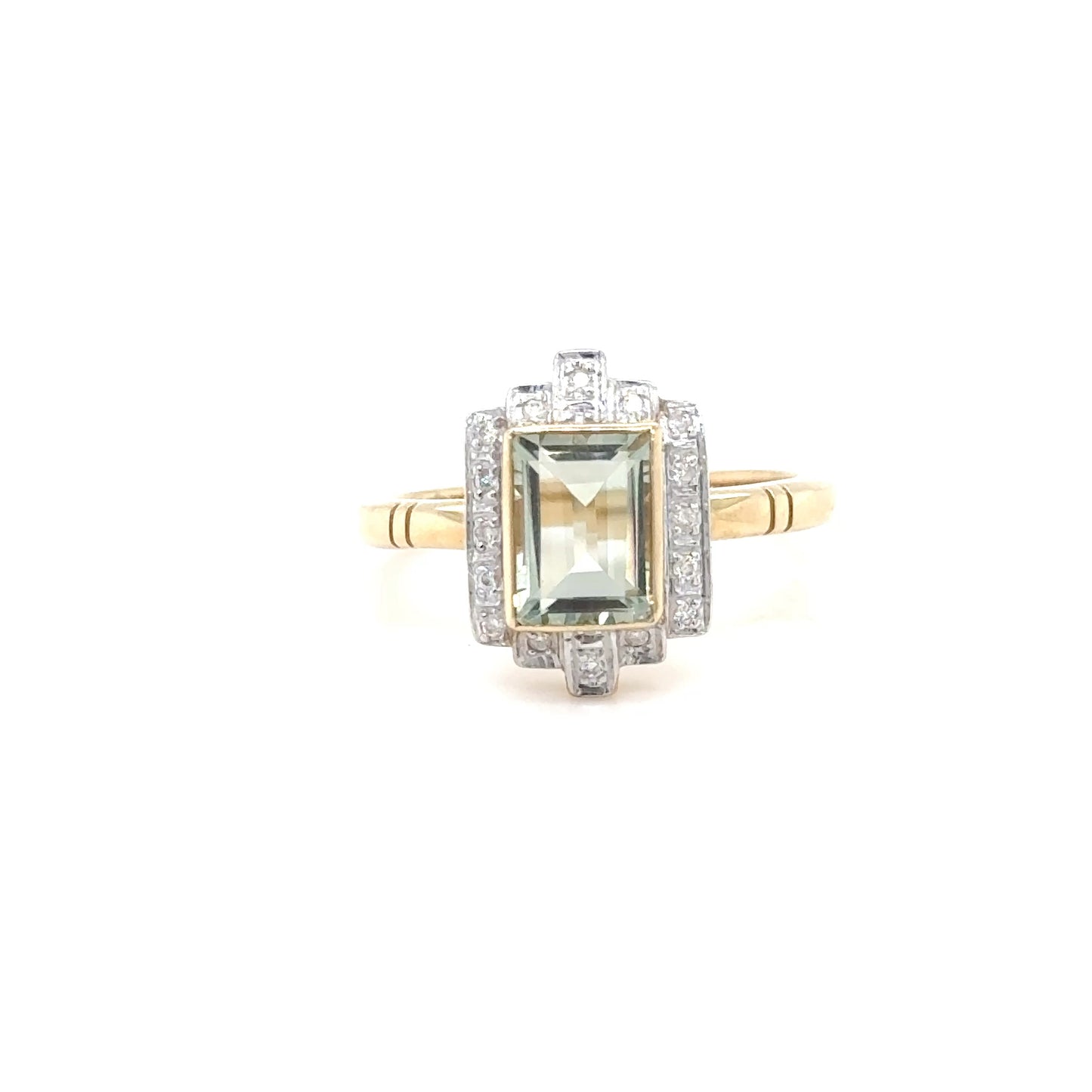 9ct Yellow Gold Vintage Style Green Amethyst and Diamond Ring