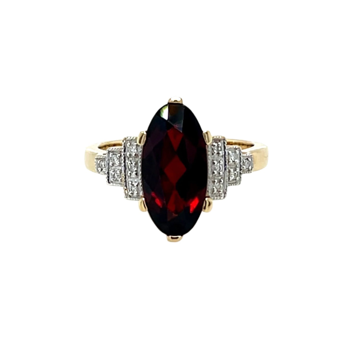 9ct Yellow Gold Garnet and Diamond Art Deco Style Ring