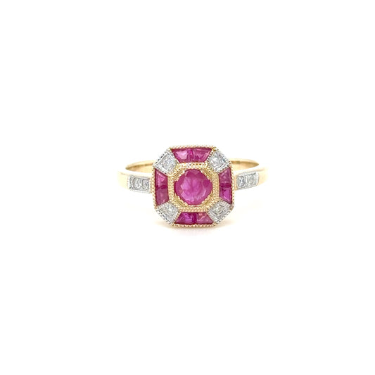 9ct Yellow Gold Vintage Style Ruby and Diamond Ring