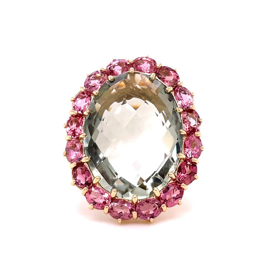 9ct Yellow Gold Green Amethyst Checkerboard Oval and Pink Tourmaline Ring