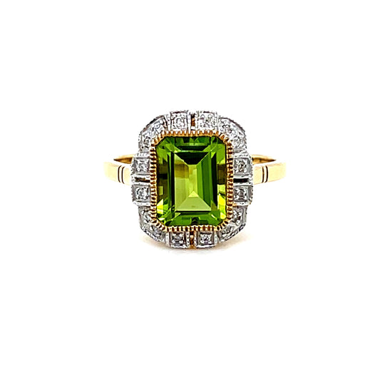 9ct Yellow Gold Peridot and Diamond Halo Ring